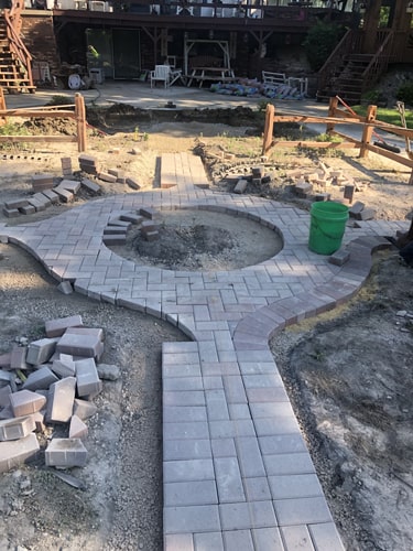 Red brick path with garden edging and flower beds on each side